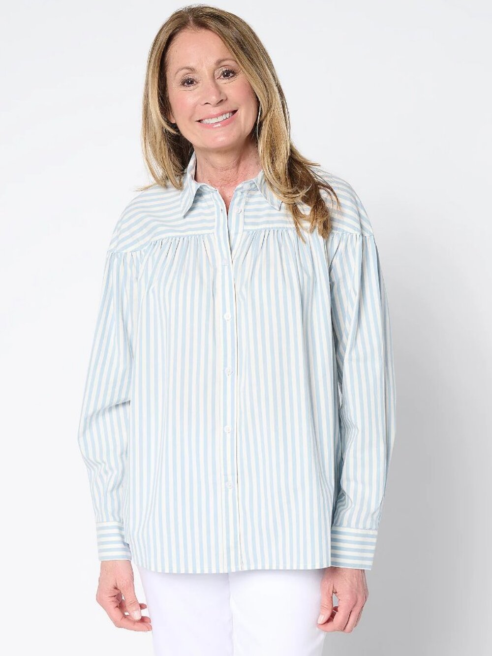 Martha Stewart Shirred Woven Button Front Collared Top, Blue Sz XL a685776